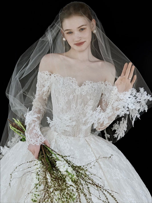 Luxury Off-Shoulder Ball Gown Wedding Dress with Lace Sleeves