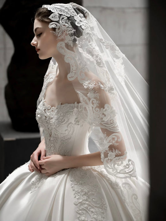 Royal Satin Ball Gown with Beaded Lace Appliqués