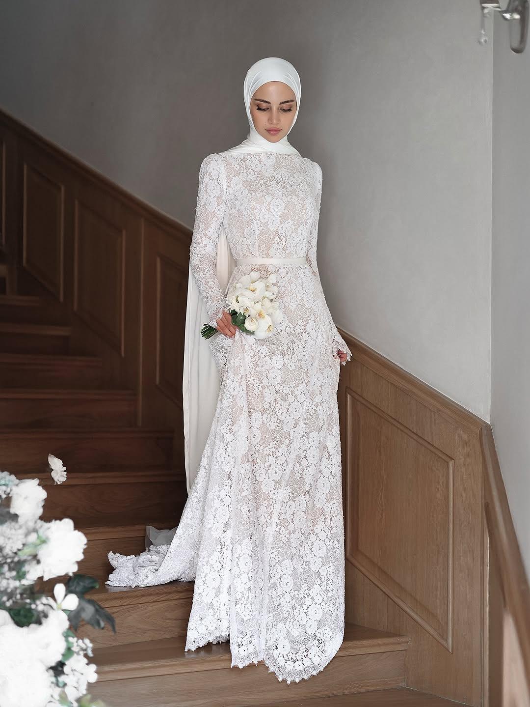 Modest Lace Bridal Gown with Flowing Cape - Hijab Friendly