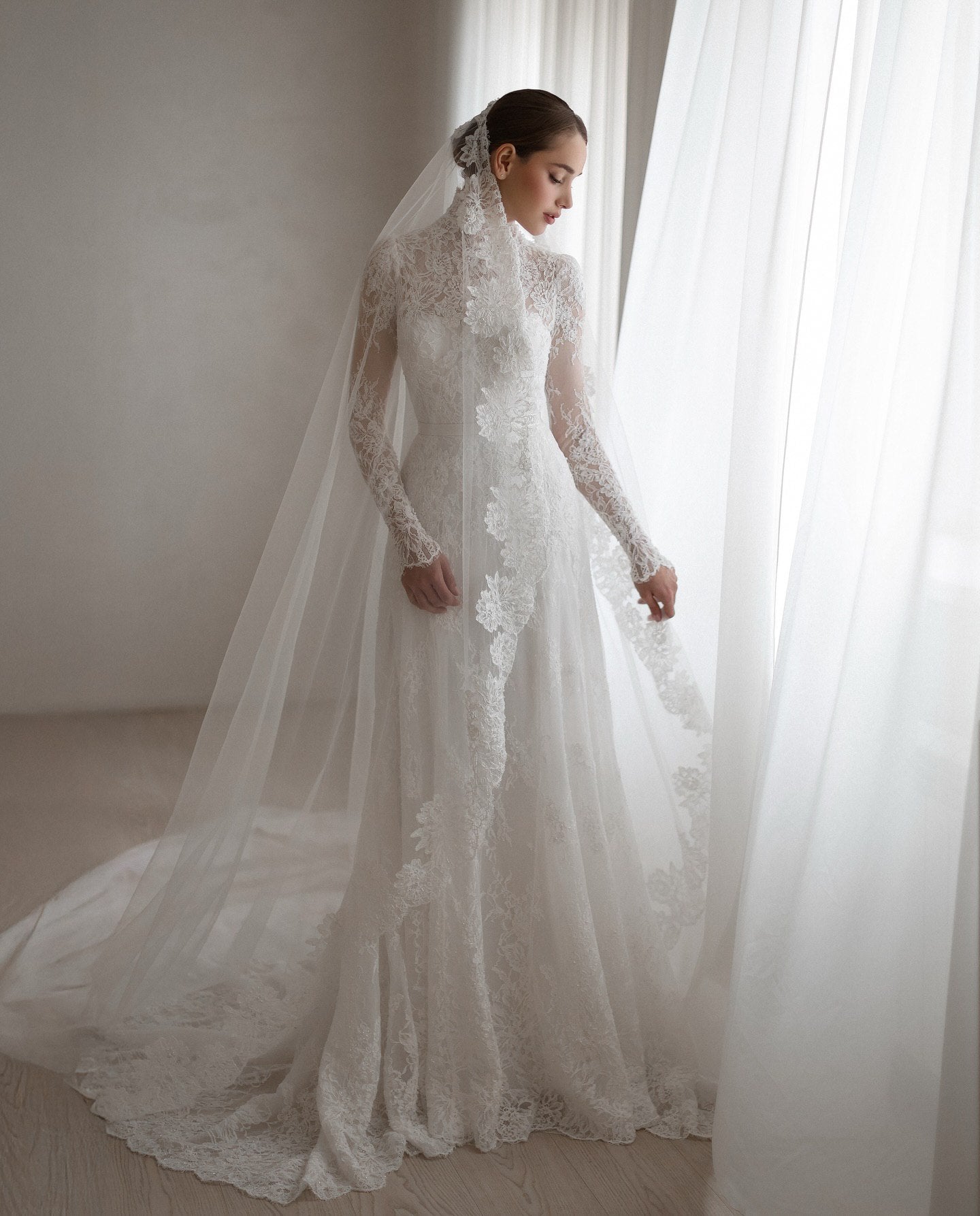 Modest High-Neck Lace Bridal Gown with Long Sleeves