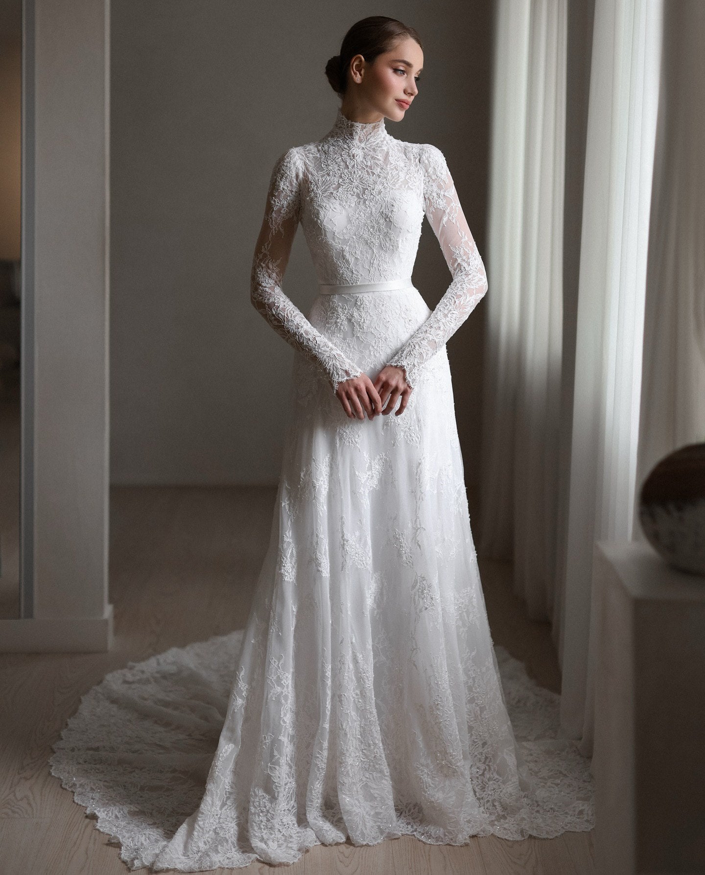 Modest High-Neck Lace Bridal Gown with Long Sleeves