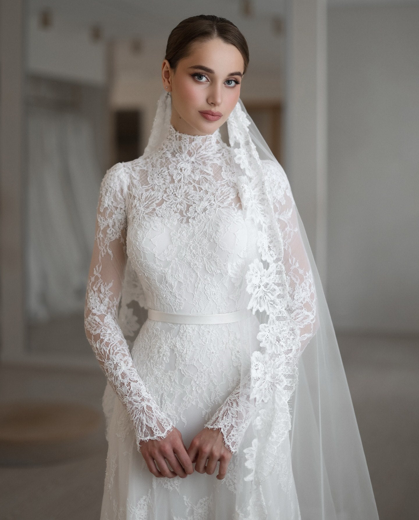 Modest High-Neck Lace Bridal Gown with Long Sleeves