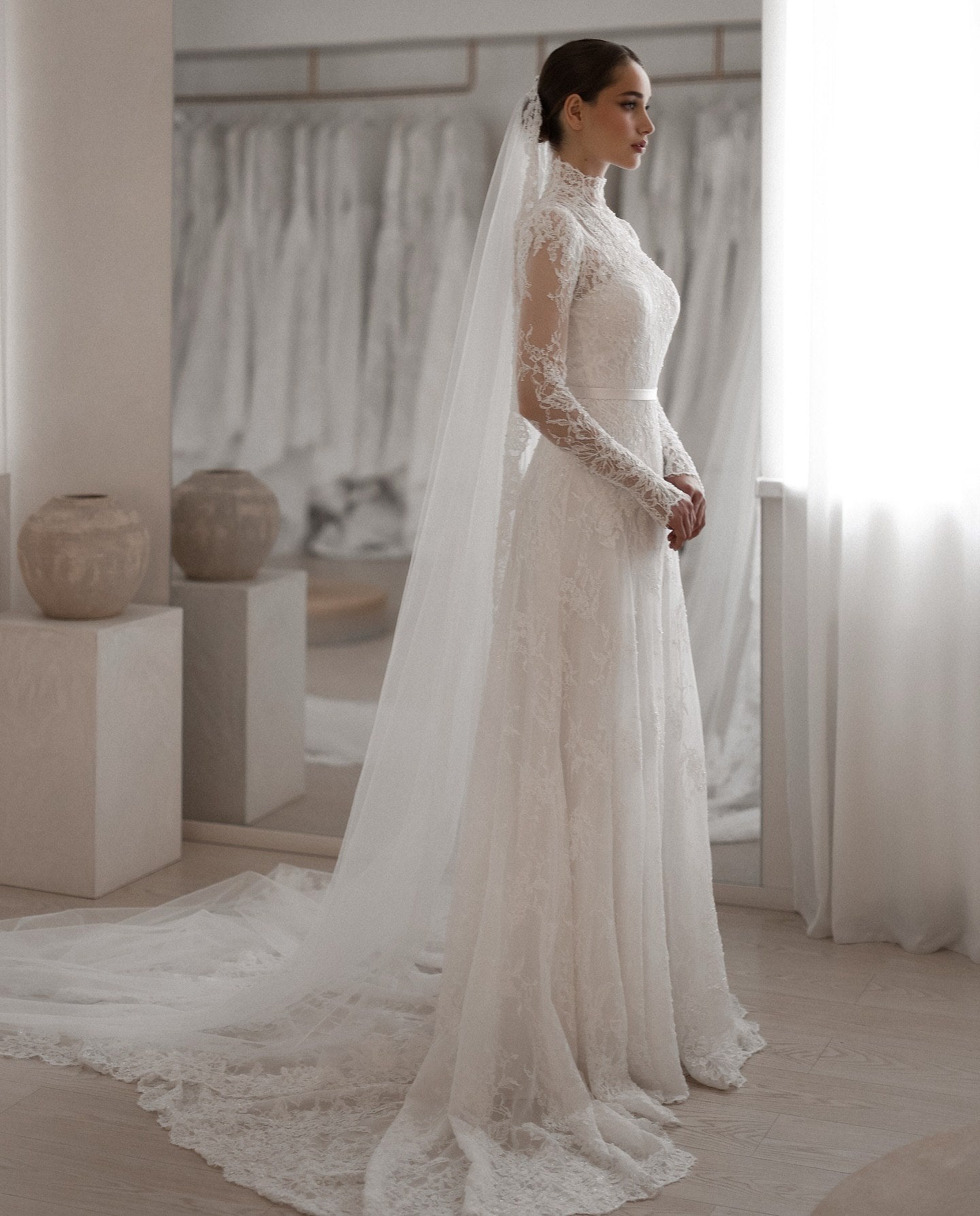 Modest High-Neck Lace Bridal Gown with Long Sleeves