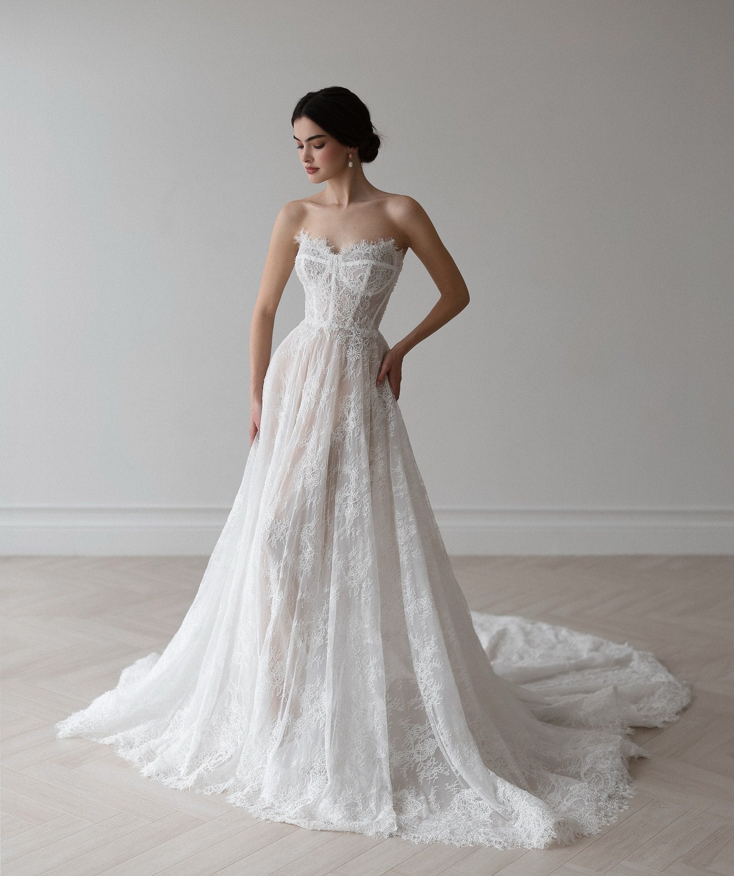 Ethereal Off-Shoulder Lace Bridal Gown with Detachable Sleeves