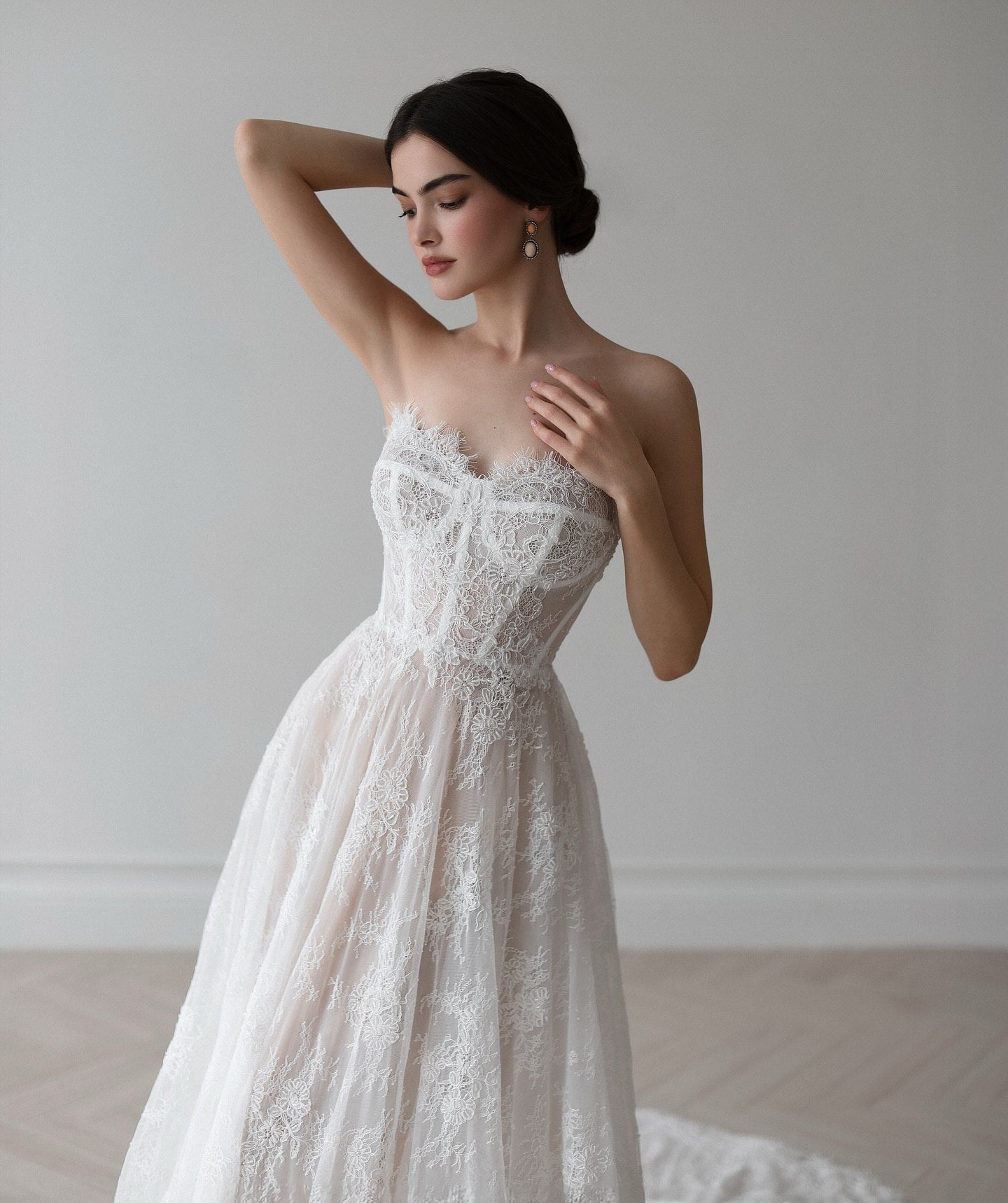 Ethereal Off-Shoulder Lace Bridal Gown with Detachable Sleeves