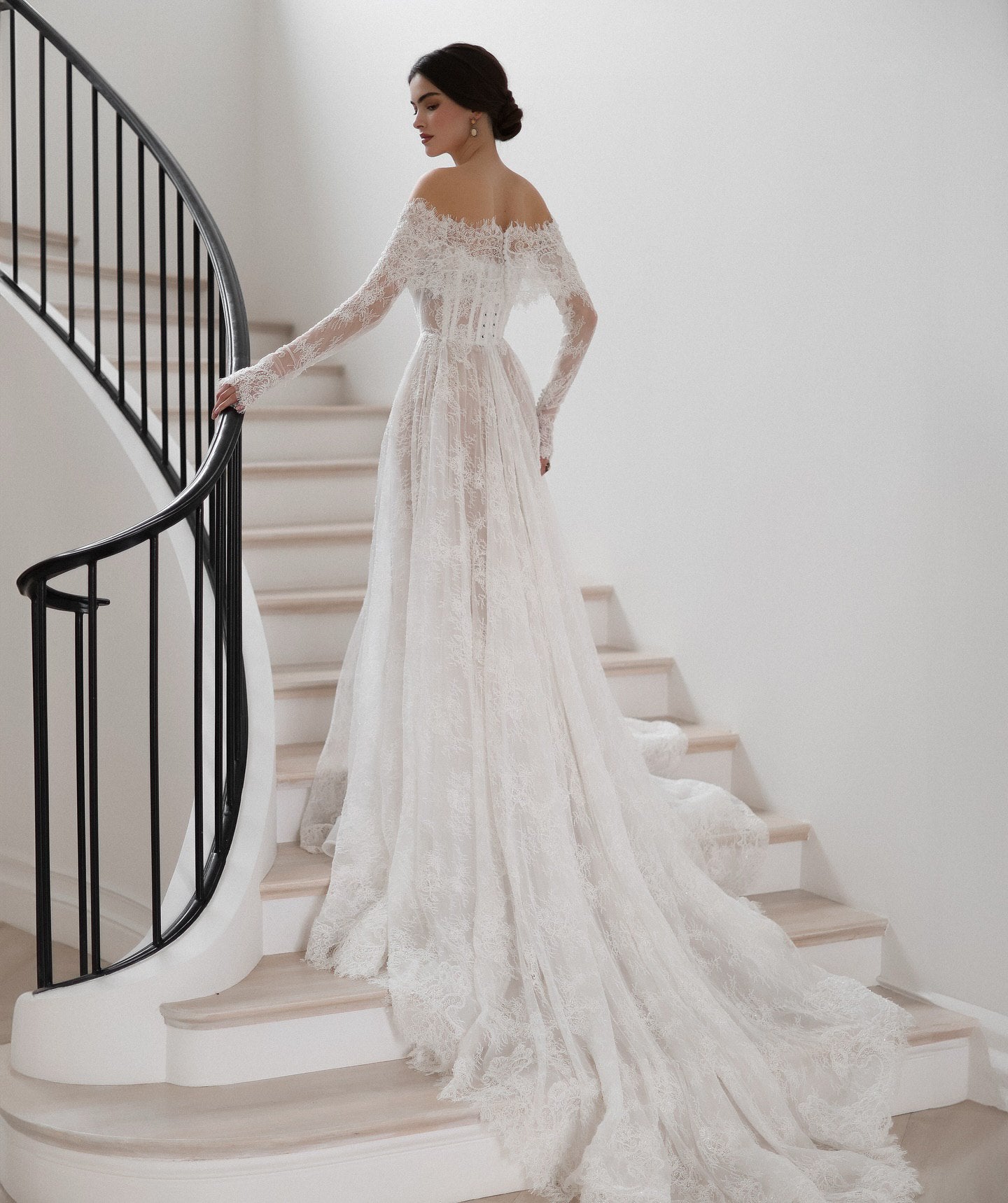 Ethereal Off-Shoulder Lace Bridal Gown with Detachable Sleeves