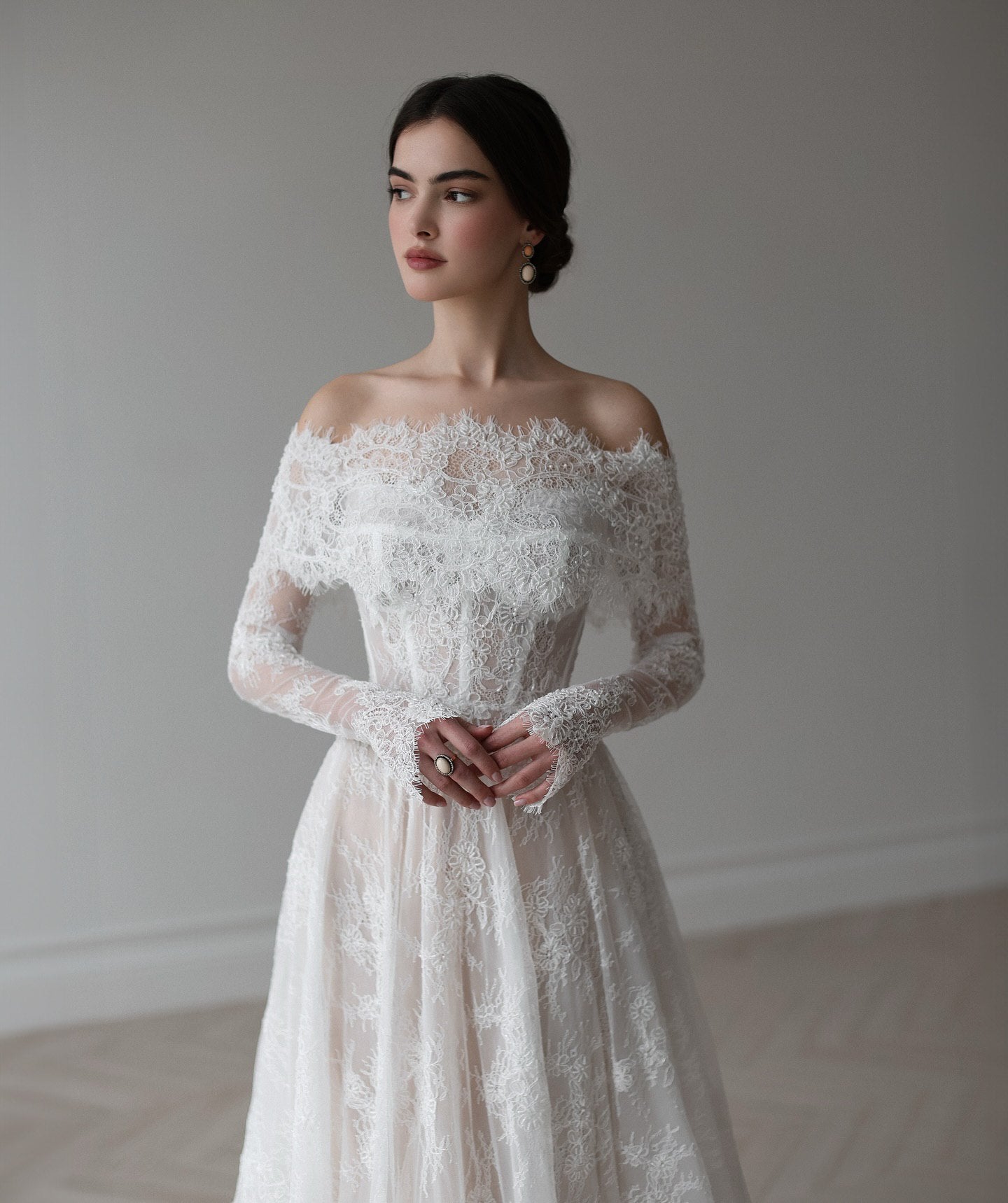 Ethereal Off-Shoulder Lace Bridal Gown with Detachable Sleeves