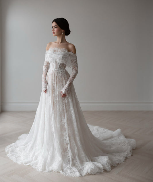 Ethereal Off-Shoulder Lace Bridal Gown with Detachable Sleeves