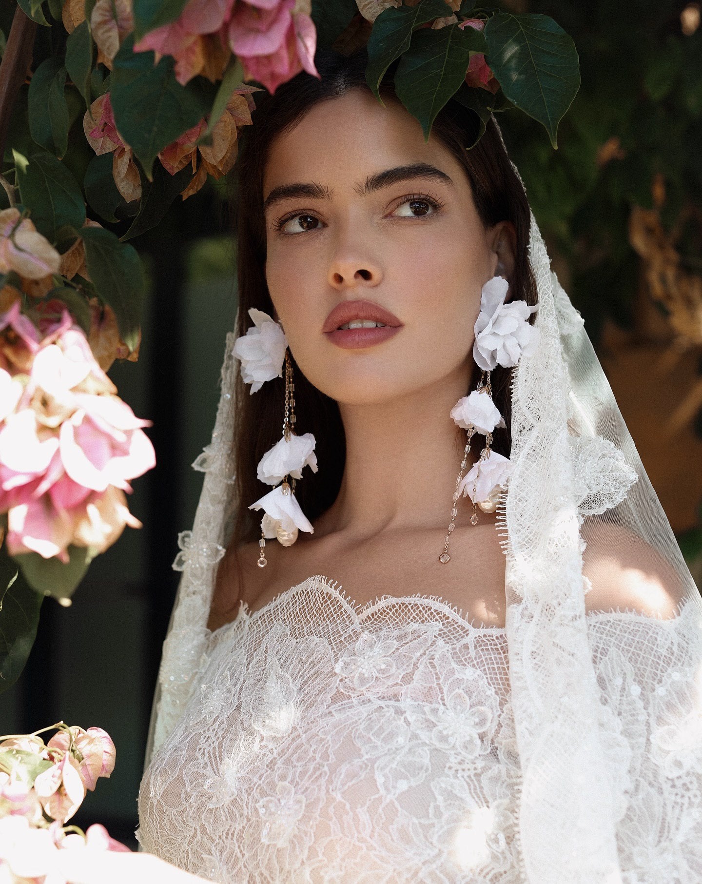 Romantic Off-Shoulder Lace Bridal Gown with Floral Veil