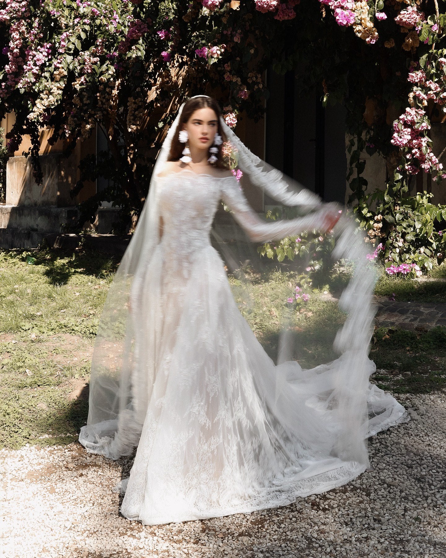 Romantic Off-Shoulder Lace Bridal Gown with Floral Veil