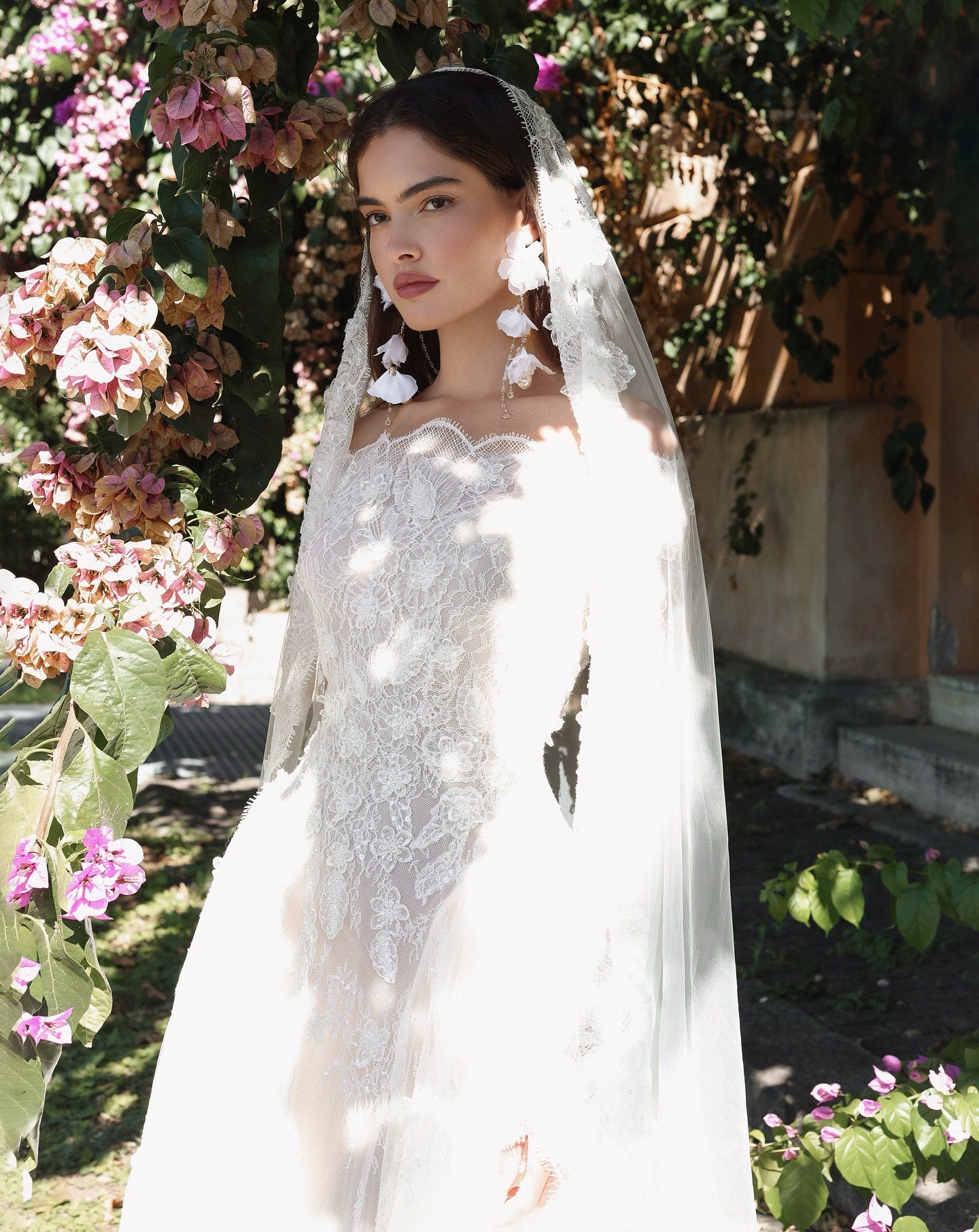 Romantic Off-Shoulder Lace Bridal Gown with Floral Veil
