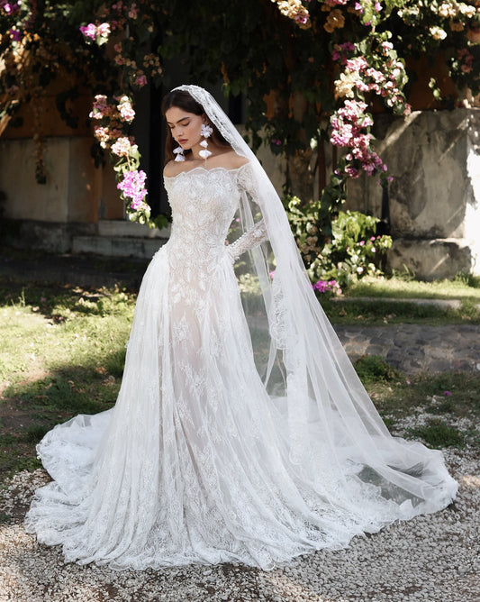 Romantic Off-Shoulder Lace Bridal Gown with Floral Veil